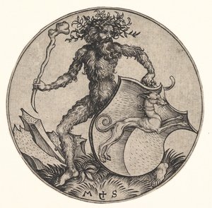 Kilpi vinttikoiran kanssa Held by Wild Man, n. 1435-1491. tekijältä Martin Schongauer