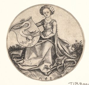 Shield with Swan Held by Woman, n. 1435-1491. tekijältä Martin Schongauer