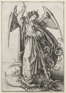 Arkkienkeli Mikael lävistää lohikäärmeen, n. 1475. tekijältä Martin Schongauer