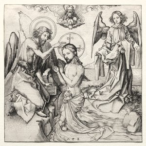 Kristuksen kaste Jordanissa, n. 1480-90. tekijältä Martin Schongauer