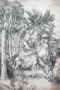 Lento Egyptiin, n. 1470-80 (kaiverrus) tekijältä Martin Schongauer