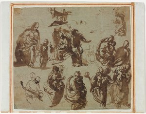 Erilaisia luonnoksia Madonnan ja lapsen (recto) arkkitehtuuritutkimuksista (verso) [osittain näkyvissä recto] tekijältä Martin Schongauer