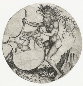 Vaakuna peuran kanssa, jota pitelee villi mies mailalla Figuurit, joissa on vaakuna (sarjan nimi) tekijältä Martin Schongauer