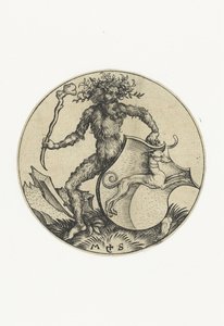 Vaakuna koiran kanssa, jota pitelee villi mies mailalla Figuurit, joissa on vaakuna (sarjan nimi) tekijältä Martin Schongauer