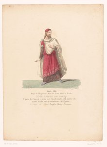 Kostuum van Odo I, koning van West-Francië uit de tragedie The Siege of Paris Odo, Pariisin kreivi (otsikko esineessä) Theaterkostuums (sarjan nimi) Ranskalainen teatteri: MM:n pukukokoelma. J. Alaux ja L. Duponchel käsikirjoituspiirustuksista tekijältä Martin Sylvestre Baptiste