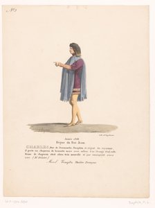 Kostuum van de dauphin Karel van Valois uit de tragedie Marcel Charles, Normandian herttua (otsikko esineessä) Theaterkostuums (sarjan nimi) Ranskalainen teatteri: MM:n pukukokoelma. J. Alaux ja L. Duponchel käsikirjoituksista Bibliotissa tekijältä Martin Sylvestre Baptiste