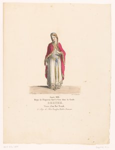 Kostuum van koningin Berthe uit de tragedie The Siege of Paris Berthe (otsikko esineessä) Theaterkostuums (sarjan nimi) Ranskalainen teatteri: MM:n pukukokoelma. J. Alaux ja L. Duponchel Bibliothèque de la Comédie -kirjaston käsikirjoituspiirrosten peruste tekijältä Martin Sylvestre Baptiste