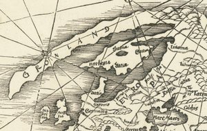 Pohjanmeren kartta vuodelta 1513, jossa Grönlanti on yhteydessä Skandinaviaan.