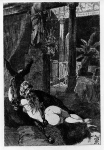 Lucius muuttuu vahingossa aasiksi. Metamorfoosit (Golden Donkey tai Asinus aureus), romaani, jonka kirjoitti Apulee (Lucius Apuleius) (noin 125-noin 180) 2. vuosisadalla. Martin Van Maelen etsaus vesi tekijältä Martin van Maele