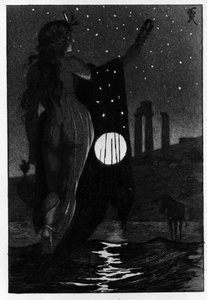 Photis muutti Luciuksen vahingossa aasiksi Les Metamorphoses (Golden Donkey tai Asinus aureus), romaani, jonka kirjoitti Apulee (Lucius Apuleius) (noin 125-noin 180) 2. vuosisadalla. Martin Van Maelen etsaus vesi tekijältä Martin van Maele