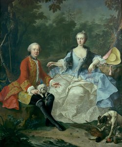 Kreivi Giacomo Durazzo 1717-1794 metsästäjän varjossa vaimonsa kanssa..., luultavasti 1760-luvun alussa.
