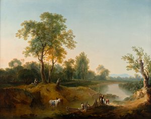 Ratsastajat ja kalastajat jokimaisemassa