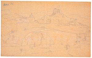 Paisatge italià amb un pont sobre un riu i el poble de Subiaco al fons tekijältä Martinus Rørbye