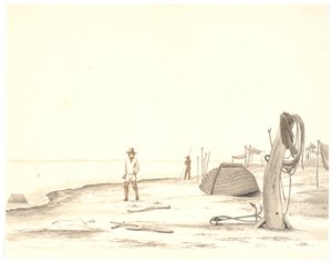Rantaosuus ylösalaisin olevalla veneellä ja kahdella kalastajalla tekijältä Martinus Rørbye