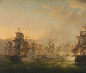 Alankomaiden ja Ison-Britannian laivastojen yhteenotto hollantilaisen laivaston matkan aikana Boulogneen (1804) tekijältä Martinus Schouman (signed by artist)