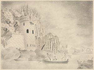 The Lonely Tower (Linna joen varrella, jossa on pajuja ja vene) tekijältä Mary Altha Nims