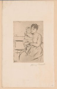 Pankissa Äiti ja lapsi Penkillä (otsikko esineellä) tekijältä Mary Cassatt (signed by artist)