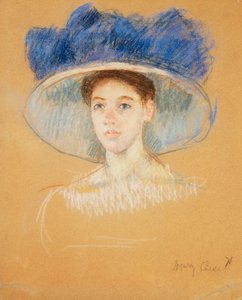 Naisen pää, jolla on suuri hattu, n. 1909 tekijältä Mary Cassatt