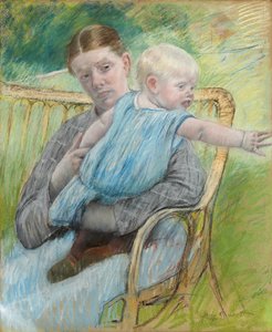 Mathilde pitelee vauvaa, joka kurottaa kätensä oikealle, n. 1889 tekijältä Mary Cassatt