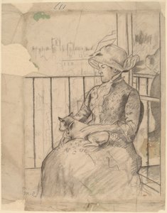 Susan parvekkeella pitelemässä koiraa [recto], n. 1883. tekijältä Mary Cassatt
