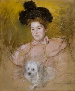 Nainen vadelmanvärisessä puvussa pitelemässä koiraa tekijältä Mary Cassatt