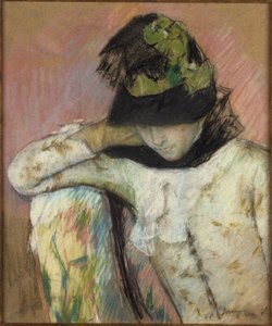 Nuori nainen mustanvihreässä myssyssä, katse alaspäin suunnattuna tekijältä Mary Cassatt
