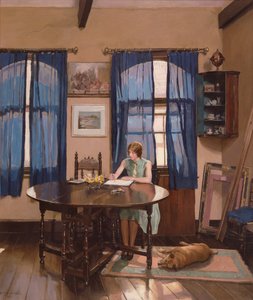Sisustus, jossa nainen taiteilija maalaa portin jalkapöydässä tekijältä Mary Dawson Elwell