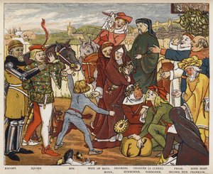 Geoffrey Chaucer, The Canterbury Tales, The Pilgrims lähtevät The Tabard Innistä (värilitho)