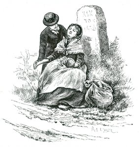 Köyhä, naimaton äiti löydettiin uupuneena matkalla työtaloon vauvansa kanssa. Kohtaus, joka muistuttaa Thomas Hardyn romaania, mutta ei harvinaista maaseudulla kaikkialla maassa. Kuvitus Mary Ellen Edwards c1881. tekijältä Mary Ellen Edwards
