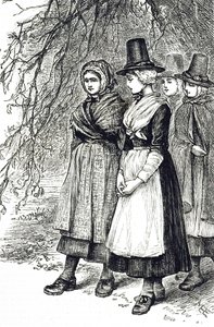 Kaiverrus, joka kuvaa walesilaisia tyttöjä Hollantiden messuilla, vuokrausmessuilla, jotka odottavat palkkaamista kotitalouspalvelijoiksi. Kuvittanut Mary Ellen Edwards (1838-1934), englantilainen taiteilija ja lastenkirjojen kuvittaja tekijältä Mary Ellen Edwards