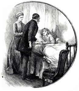 Kaiverrus, joka kuvaa lääkäriä vierailemassa nuoren potilaansa luona kotona. Kuvittanut Mary Ellen Edwards (1838-1934), englantilainen taiteilija ja tuottelias lastenkirjojen kuvittaja tekijältä Mary Ellen Edwards