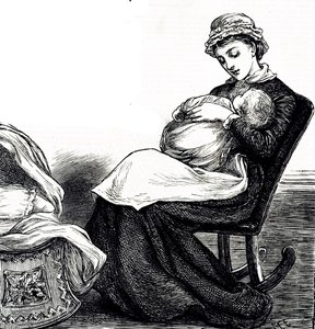 Kaiverrus, jossa äiti keinuttaa vauvaansa. Kuvitettu Mary Ellen Edwards (1838-1934), englantilainen taiteilija ja tuottelias lastenkirjojen kuvittaja tekijältä Mary Ellen Edwards