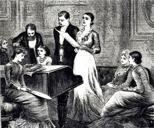 Musiikki-iltaa kuvaava kaiverrus. Kuvittanut Mary Ellen Edwards (1838-1934), englantilainen taiteilija ja lastenkirjojen kuvittaja tekijältä Mary Ellen Edwards