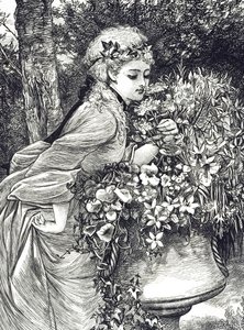 Kaiverrus, joka kuvaa nuorta tyttöä, joka haistaa kukkia puutarhauurnassa. Kuvittanut Mary Ellen Edwards (1838-1934), englantilainen taiteilija ja lastenkirjojen kuvittaja tekijältä Mary Ellen Edwards
