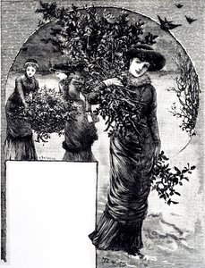 Kaiverrus, joka kuvaa hollyn ja ikivihreän kokoelman joulukoristeita. Kuvittanut Mary Ellen Edwards (1838-1934), englantilainen taiteilija ja lastenkirjojen kuvittaja tekijältä Mary Ellen Edwards