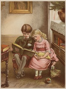 Poika ja tyttö lukevat kirjaa (chromolitho) tekijältä Mary Ellen Edwards