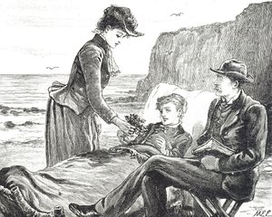 Kaiverrus, joka kuvaa rampaa poikaa meren rannalla tekijältä Mary Ellen Edwards