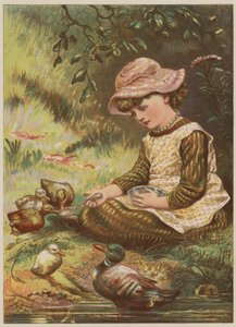 Tyttö ruokkii ankanpoikia (chromolitho)
