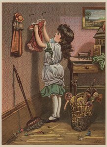 Tyttö ripustaa nuken vaatteita (chromolitho) tekijältä Mary Ellen Edwards