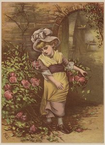 Tyttö poimii ruusuja (chromolitho) tekijältä Mary Ellen Edwards