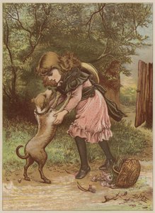 Tyttö leikkii koiran kanssa (chromolitho)