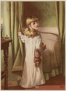 Tyttö vetäytyy sänkyyn (chromolitho) tekijältä Mary Ellen Edwards