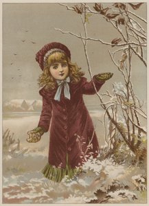 Tyttö vie leipää ruokkimaan lintuja lumessa (chromolitho) tekijältä Mary Ellen Edwards