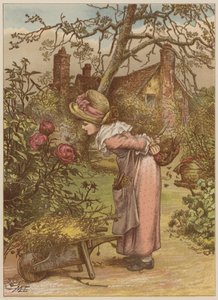 Tyttö katsomassa mehiläistä puutarhassa (chromolitho) tekijältä Mary Ellen Edwards