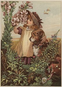 Tyttö koiran tuoksuvien kukkien kanssa (chromolitho)