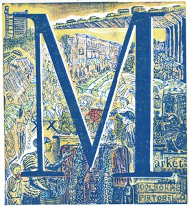 Markkinat: Portobello ja Golborne Road, 2015 (vinyylikaiverrus ja kollagrafi) tekijältä Mary Kuper