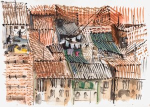Rooftops, Bogota, 2008 (kynä ja vesiväri) tekijältä Mary Kuper