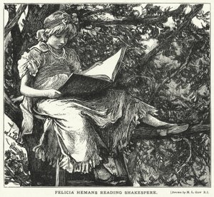 Felicia Hemans lukee Shakespereä (kaiverrus) tekijältä Mary L. Gow