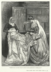 "Lisbeth pudisti heidän edessään heidän isoäitinsä hääpuvun laskokset" (kaiverrus) tekijältä Mary L. Gow