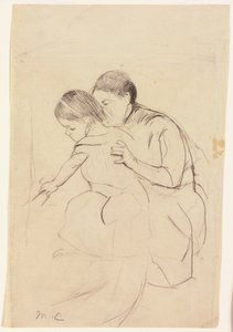 Vauva vasemmalla kädellä koskettelemassa kylpyammetta, hoitajan hallussa, n. 1891 tekijältä Mary Cassatt